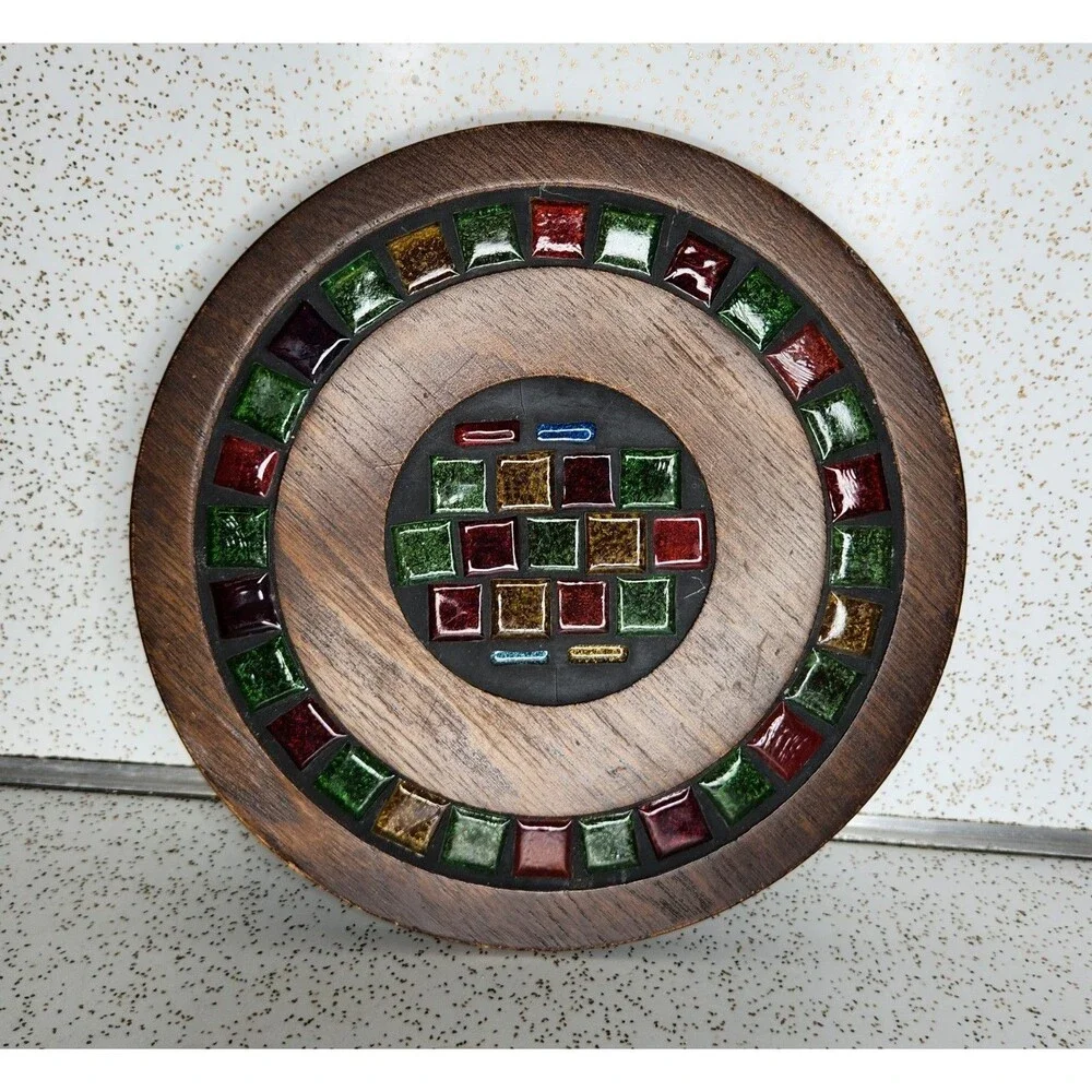Vintage Stained Glass Encased in Wood Mosaic Plate Trivet 10” Great Vivid Colors